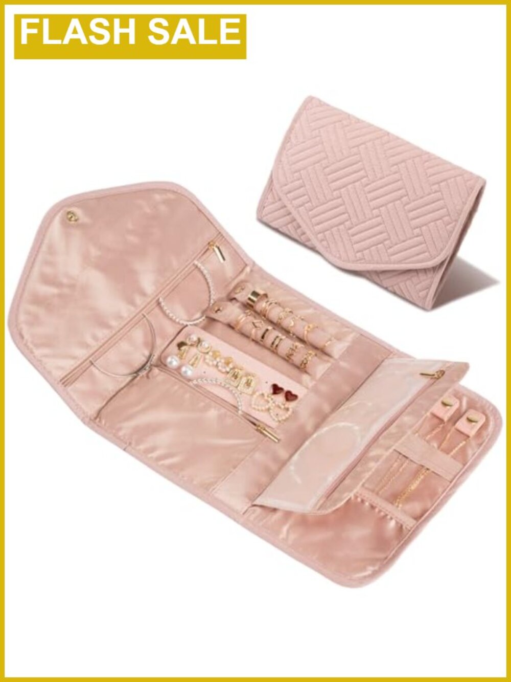 Travel Jewelry Roll Organizer with Ring and Necklace Holders, Faux Peach Skin